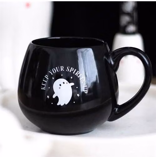 KDMD Keep Your Spirits Up Rounded Ghost Mug in Black Ceramic – 1