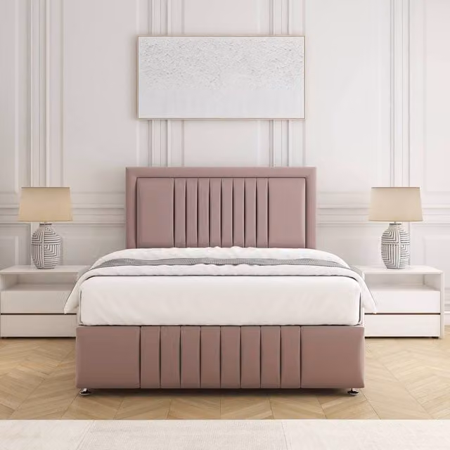 BSSPOKE Lily King Size Divan Bed with 24 inch Headboard and Mattress in Pink Plush Velvet