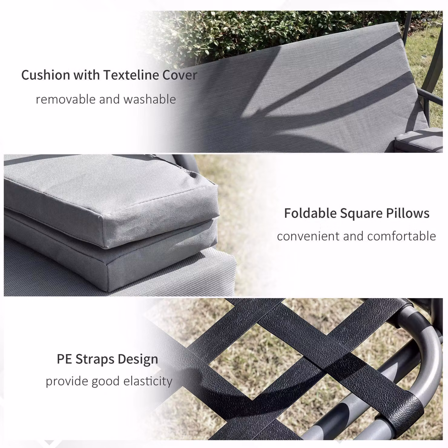 Outsunny 2-in-1 Outdoor Patio Swing Chair and Garden Bench Lounger with Adjustable Canopy and Cushions, Grey – 4
