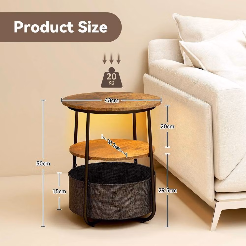EONLION Modern Brown 3-Tier Wood Sofa Side Table with LED Light and Round Top – 2