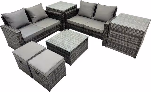 Fimous 6-Seat PE Rattan Garden Lounge Set in Dark Grey Mixed with Upholstered Cushions and L-Shape Sofa, Coffee Table and Ottoman