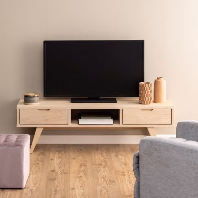 Furniture To Go Modern A-Line TV Unit in White Oak and Beige Wood