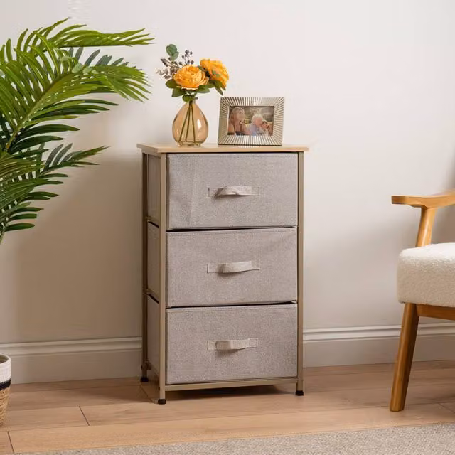 Scottish Everlastings Ltd 3 Drawer Beige Metal Cabinet with Beige Fabric Drawers W/D/H: 73 x 30 x 45 cm – 1