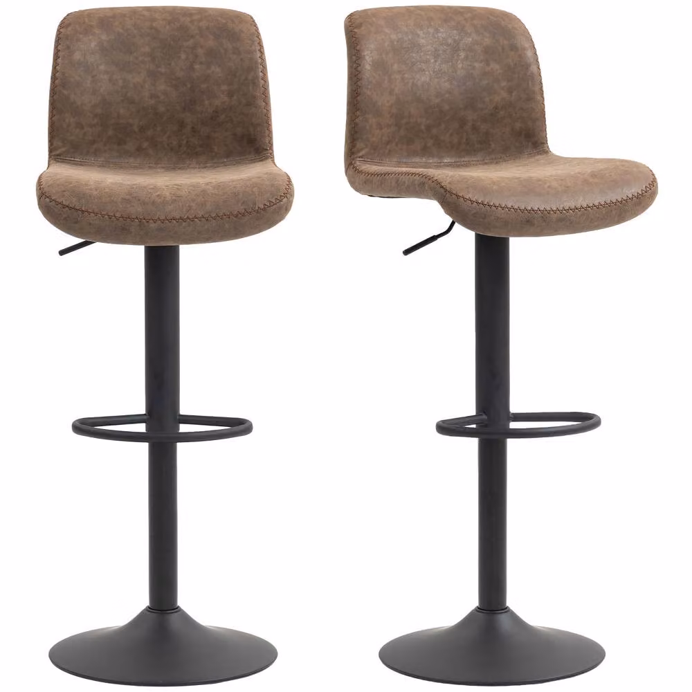 HOMCOM Set of 2 Modern Brown Synthetic Leather Upholstered Barstools with Backrest and Footrest – 2