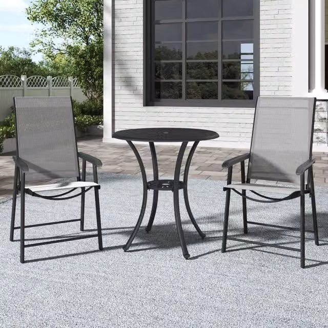 Breeins Modern Black Metal Round Garden Dining Table and 3 Chairs Set, Diameter: 60 cm
