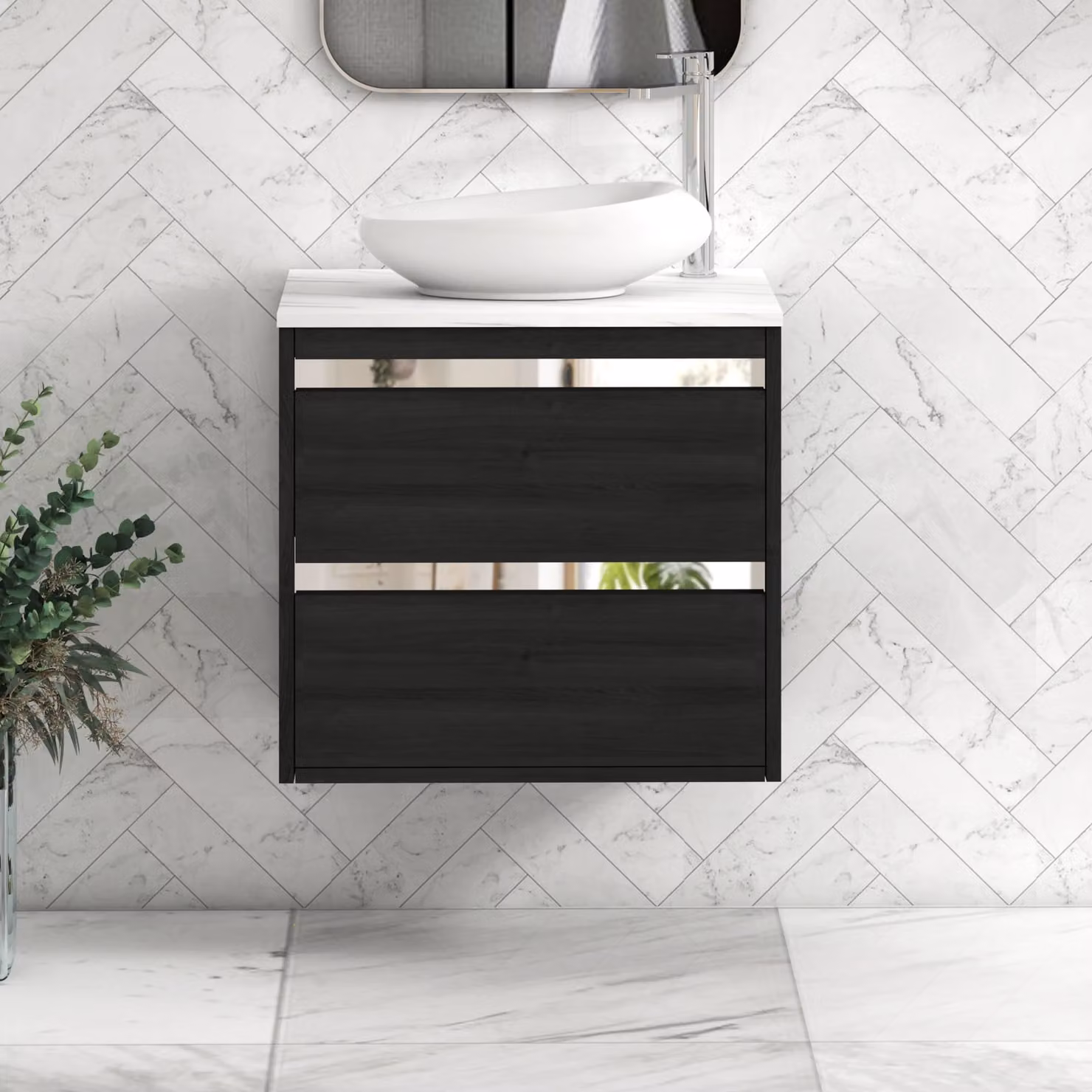 Royal Bathrooms Orion 600mm Hale Wall Hung Vanity Unit with Nova Basin in Black and Carrara White with Chrome Accent Trim