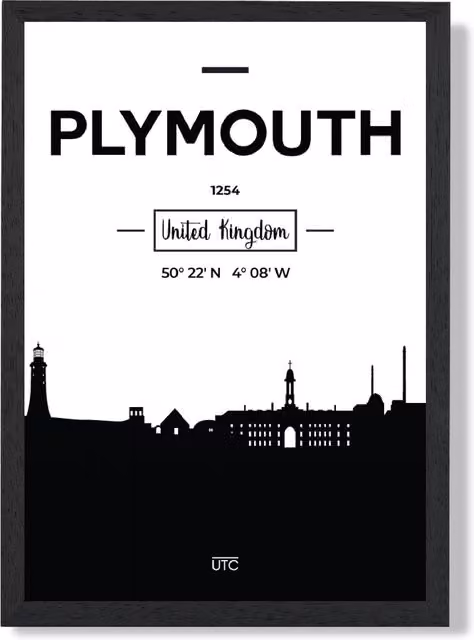 ARTZE Plymouth Black and White City Skyline Framed Print – 1