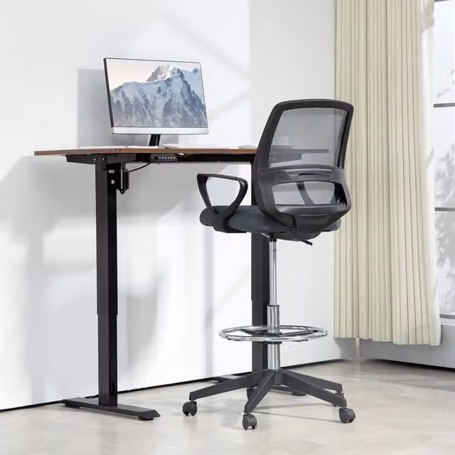 Vinsetto Grey Fabric Drafting Chair with Metal Foot Ring and Adjustable Height – 1