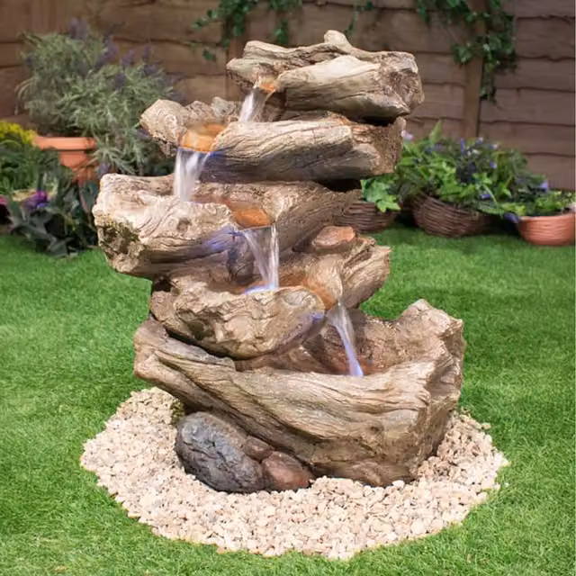 Primrose Nebraska Falls 4-Tier Log Cascade Water Feature with Lights in Brown