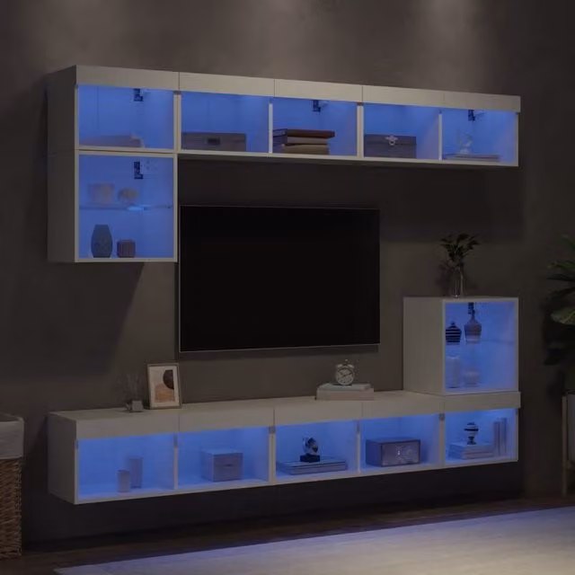 Berkfield Home 8 Piece Modern White Glossy TV Wall Unit Set with Integrated LED Lighting and Glass Doors – 1