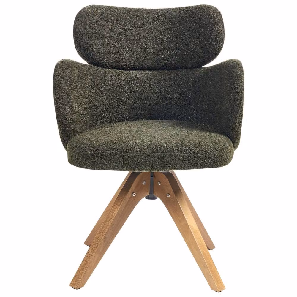 Wyld and Coco Nordique Swivel Dining Chair in Dark Green Bouclé Fabric with Oak Wood Details – 4