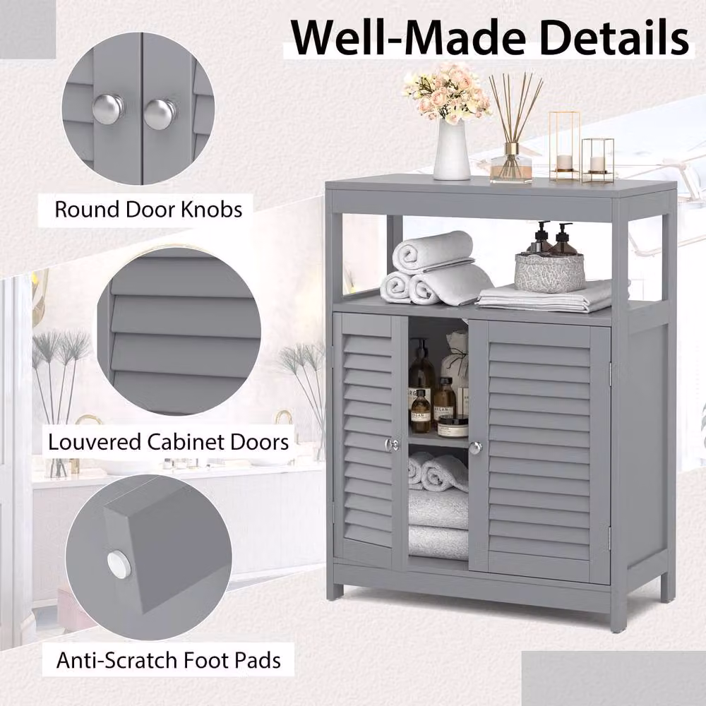 Gymax Freestanding Grey Bathroom Cabinet with Roll Shutter Doors and Internal Shelves – 4