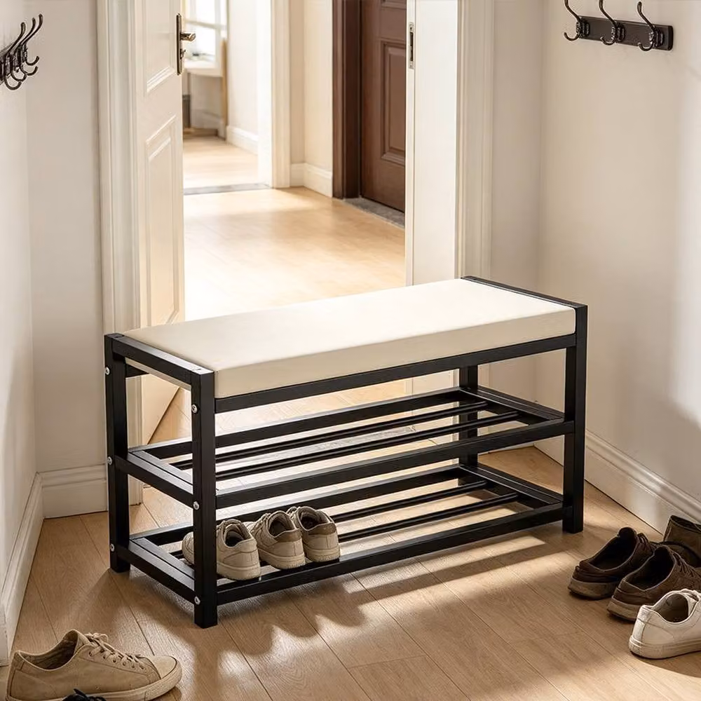 FORGEVIO Modern Black Metal Shoe Storage Bench and Hallway Organiser Cabinet – 5