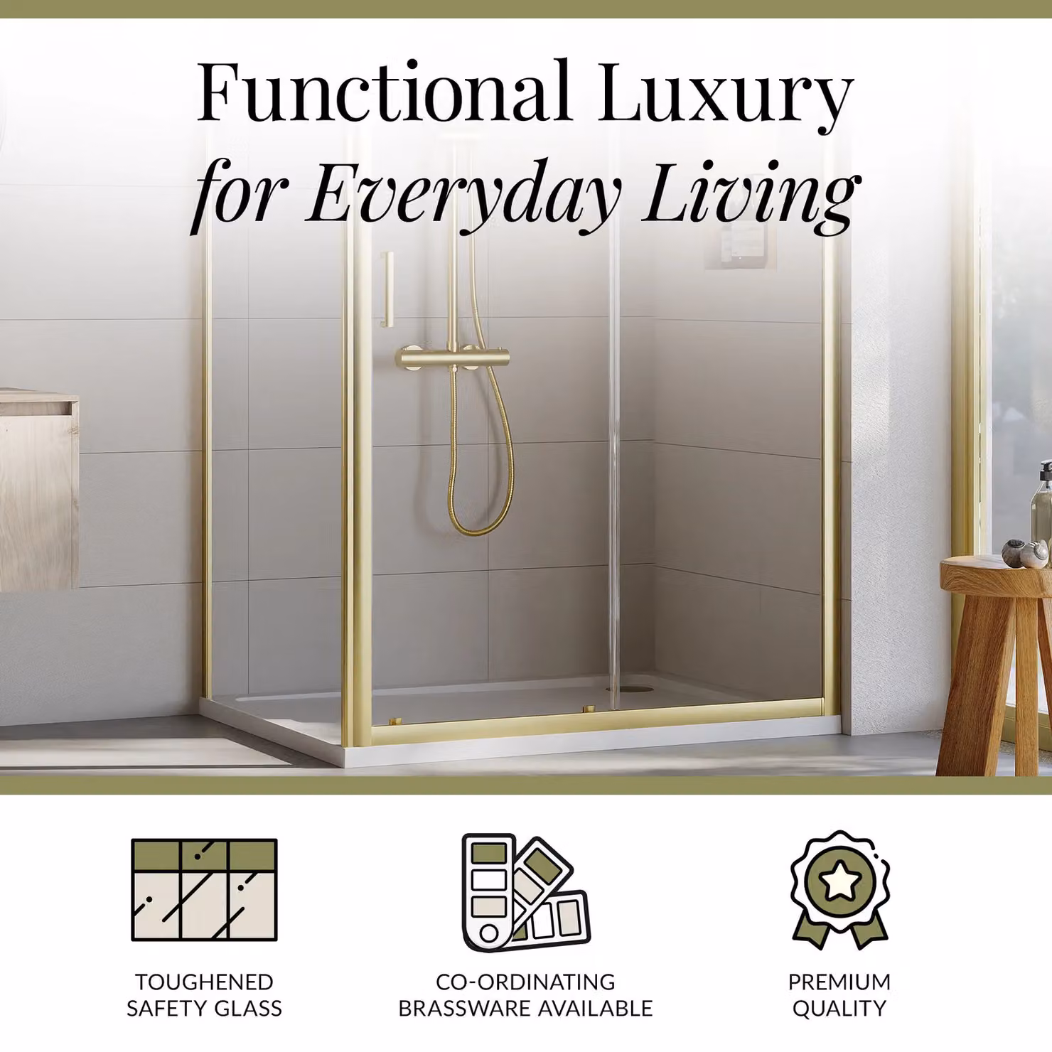 Balterley Ruwa Sliding Shower Suite with Rectangular Tray and 6mm Clear Glass Door Panel, Gold, W/D/H: 1200 x 900 x 190 mm – 3
