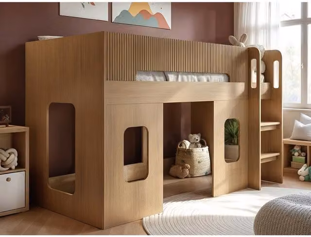 Flair Furnishings Lino Playhouse Kids Mid Sleeper Bed, Brown/Oak, W/D/H: 190 x 90 x 107.2 cm