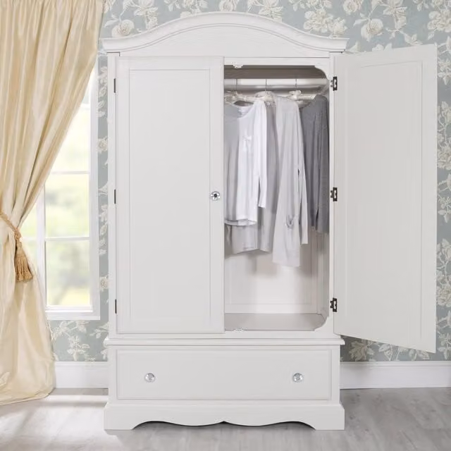 Romance Double Wardrobe with Drawer and Crystal Handles in Antique White, H 193 x W 115 x D 59 cm