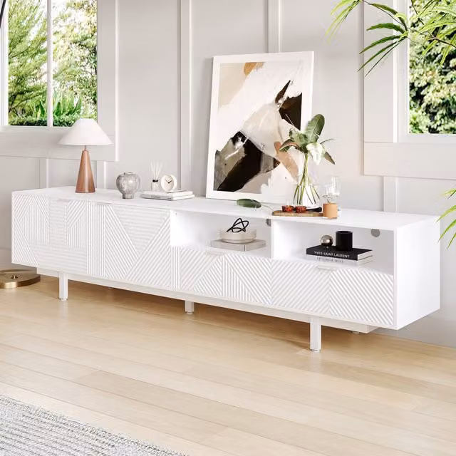 Aosom UK Elegant Bohemian White TV Entertainment Center with Cabinet and Drawers, W: 200 cm, D: 40 cm, H: 51 cm – 1