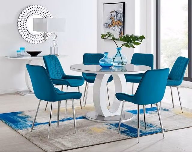 FurnitureboxUK Giovani Round Grey Glass Dining Table with 6 Blue Pesaro Silver Leg Chairs