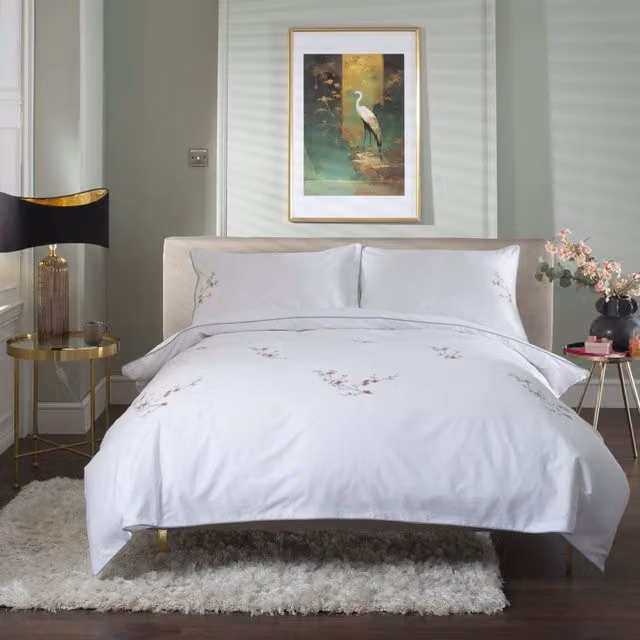 The Lyndon Company White Cotton Floral Duvet Cover and Pillowcase Set, 200 x 200 cm