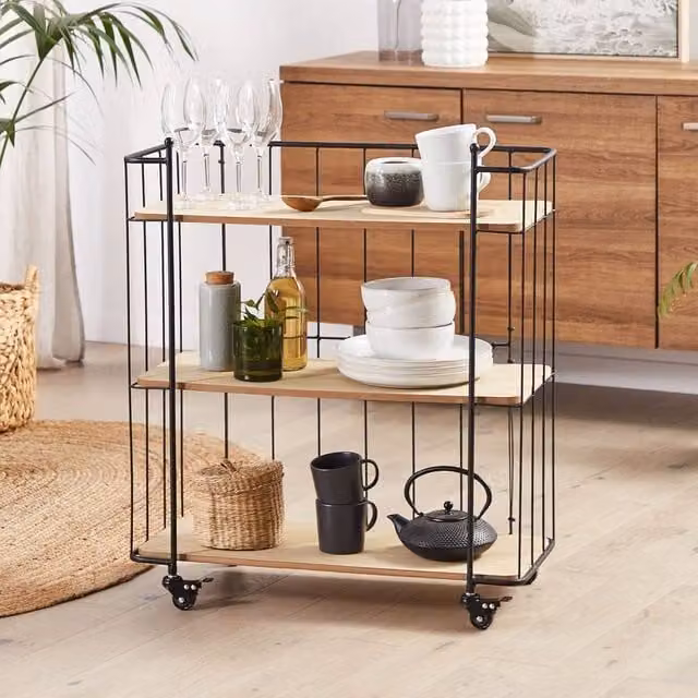 Wyld and Coco Industrial Kitchen Trolley with Black Iron Frame and Light-Brown MDF Shelves, W: 70 cm, H: 75 cm, D: 70 cm