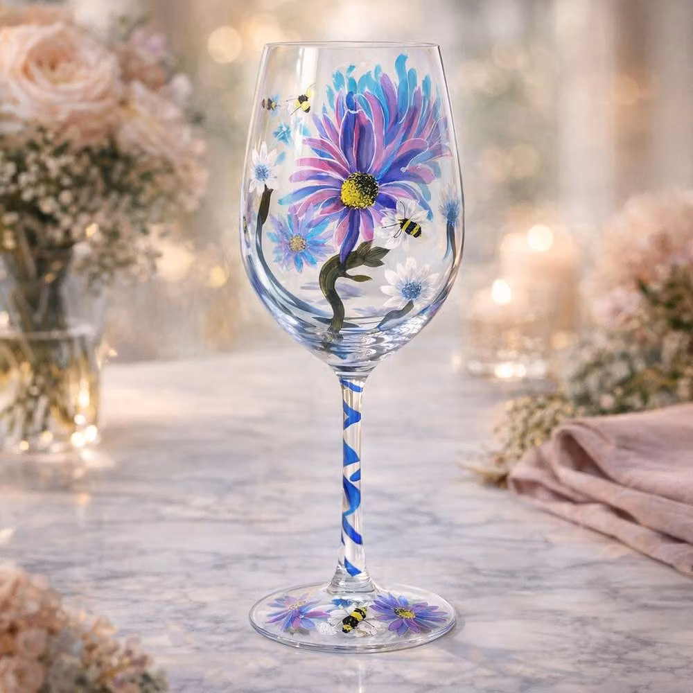 Lesser & Pavey Thistles & Bees Floral Wine Glass, Multicolour, 400ml – 2