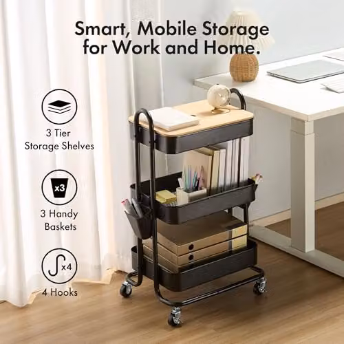 VonHaus 3 Tier Black Storage Trolley with Bamboo Shelves and Wheels, W/D/H: 79.5 x 46.0 x 36.0 cm – 2
