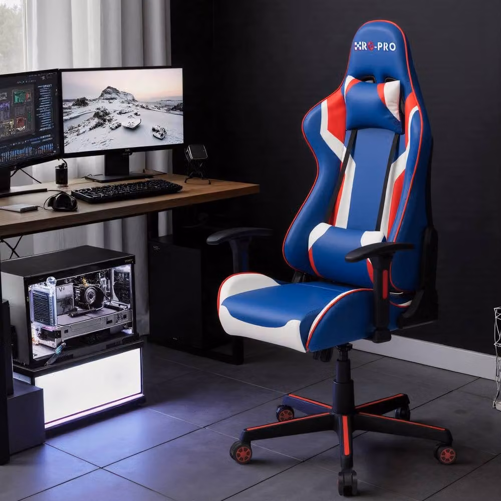 RayGar RG-PRO Gaming Chair in Blue with Synthetic Leather, Height Adjustable, 360 Degree Swivel and Headrest – 6