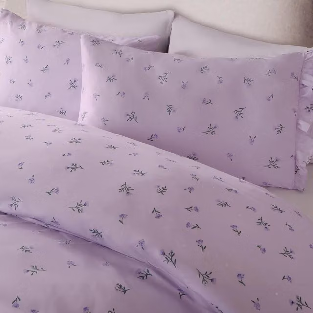 OHS Floral Frill Duvet Cover Set in Purple and Green, Vintage Nature Design, W: 200 cm x H: 200 cm