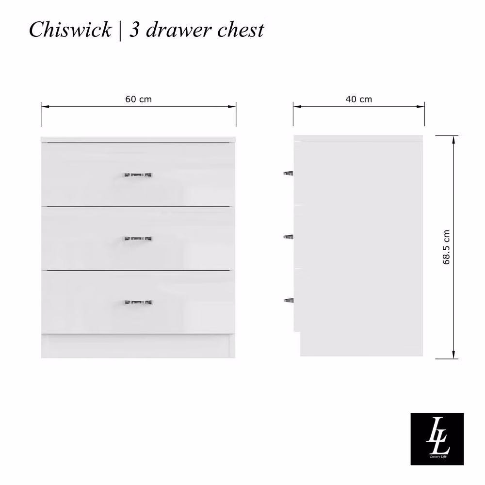 LUXURY LIFE Keaton Modern 3 Drawer Gloss White Chest of Drawers with Mirror Top – 2