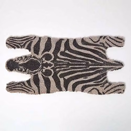 HOMESCAPES Zebra Shape Coir Doormat with Non-Slip Rubber Backing, Black and White