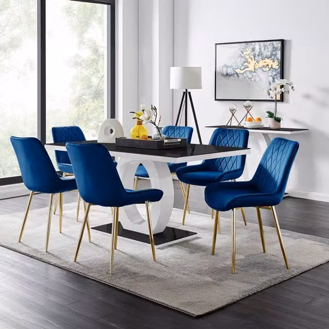 FurnitureboxUK Giovani Black Glass Rectangular Dining Table and Six Navy Blue Velvet Pesaro Gold Leg Chairs