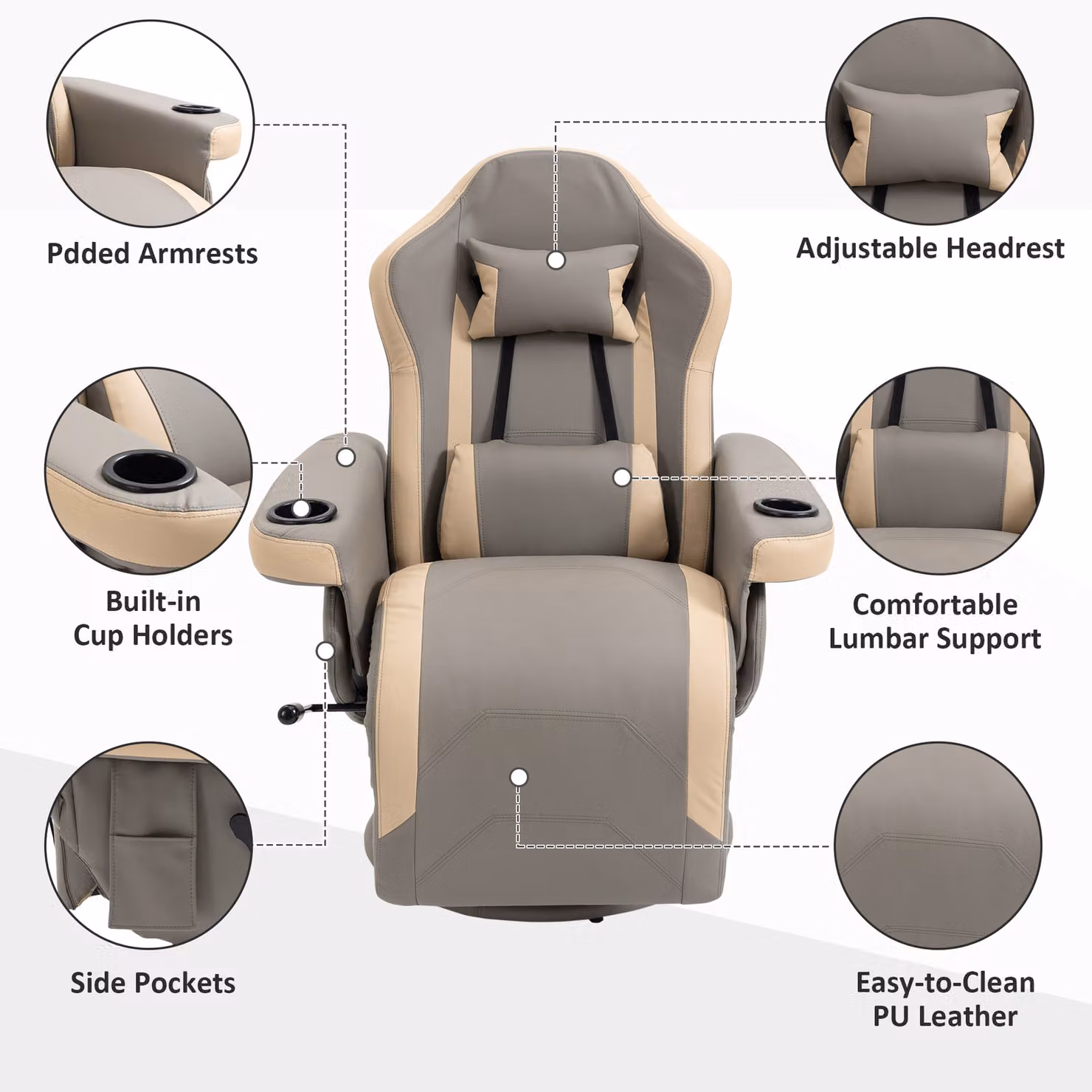 HOMCOM Grey PU Leather Manual Recliner Armchair with 360 Degree Swivel and Adjustable Leg Rest – 5