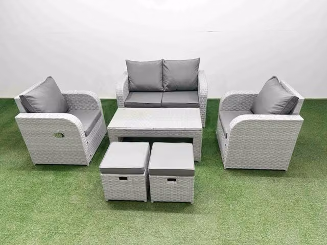 Fimous 6 Seater Grey PE Wicker Rattan Garden Furniture Set with Adjustable Reclining Chairs, Oblong Coffee Table and 2 Matching Ottomans