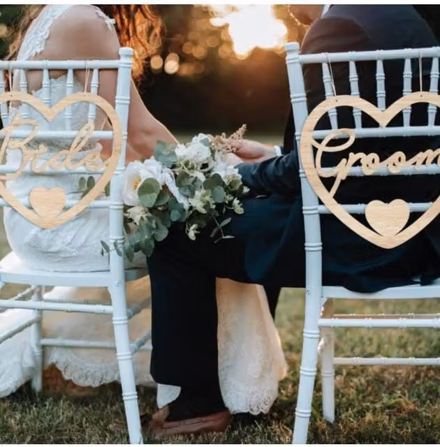 KDMD Wooden Heart Mr & Mrs Wedding Chair Signs in Light Brown