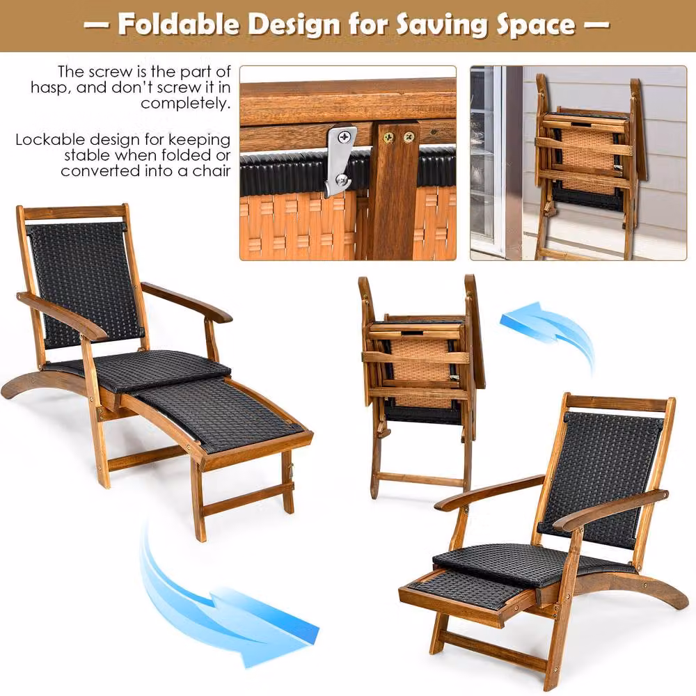 Costway Folding Acacia Wood Lounge Chair with Retractable Footrest in Dark Brown – 5