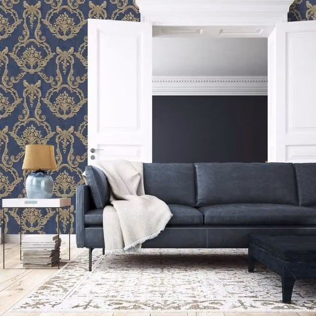 Debona Classic Floral Abstract Wallpaper in Blue and Beige