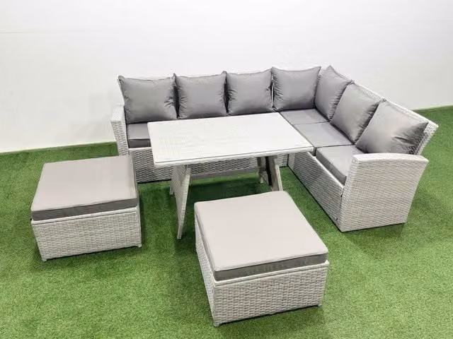 Fimous 8 Seater Rattan Garden Dining Set with Glass Top in Light Grey