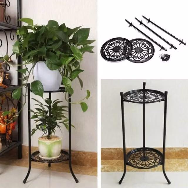 FORGEVIO 2 Tier Metal Plant Stand and Flower Pot Rack in Black, W/D/H: 50 x 30 x 100 cm