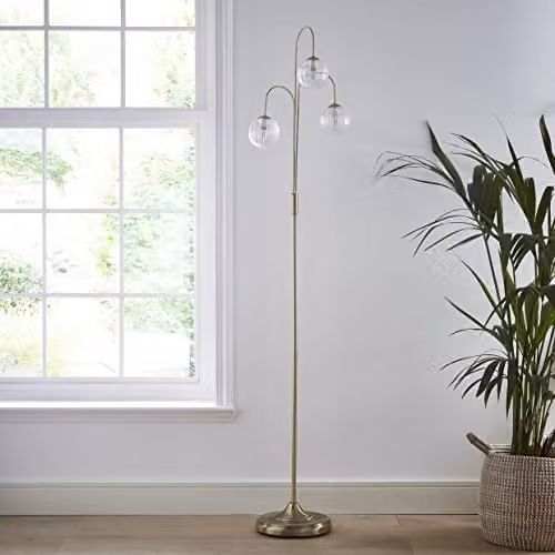 K LIVING Antique Brass 3 Light Floor Lamp with Transparent Glass Sphere Shades, Height: 165 cm