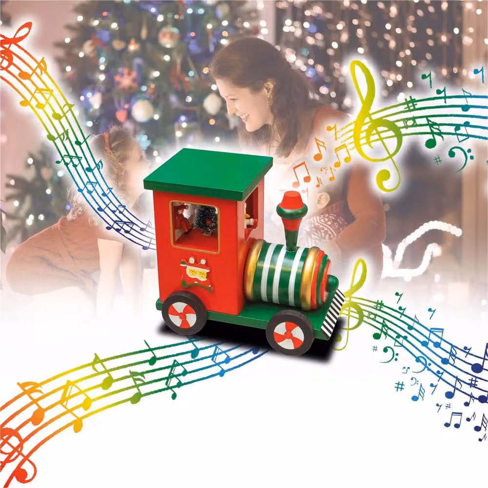 mysmartbuy Wooden Christmas Train Music Box in Red and Green, Wind-Up Tabletop Ornament – 4
