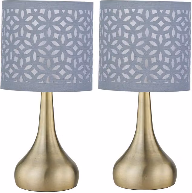 First Choice Lighting Romana Set of 2 Antique Brass Touch Table Lamps with Grey Laser Cut Fabric Shades in Bronze – 1