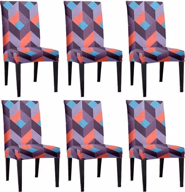 Roseley Pack of 6 Removable Stretch Dining Chair Covers in Multicolour Purple Graphic Pattern
