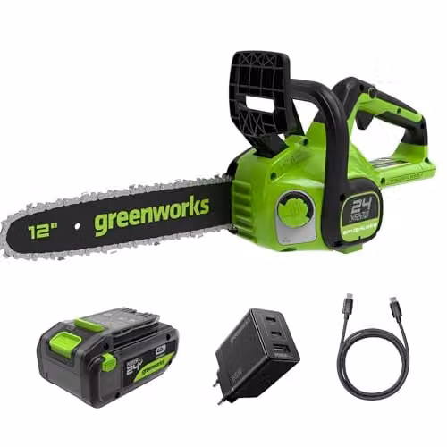 Greenworks GD24CS30K4 Cordless Chainsaw with Brushless Motor, 30cm Bar Length, 7.8m/s Chain Speed, Auto-Oiler and Kickback Protection, including 24V 4Ah Battery and Charger – 1
