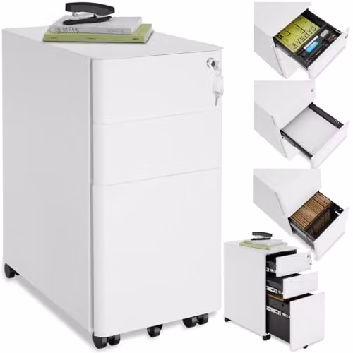 tectake Lockable Mobile Filing Cabinet in White Steel with 2 A4 Drawers and 1 Hanging File Drawer