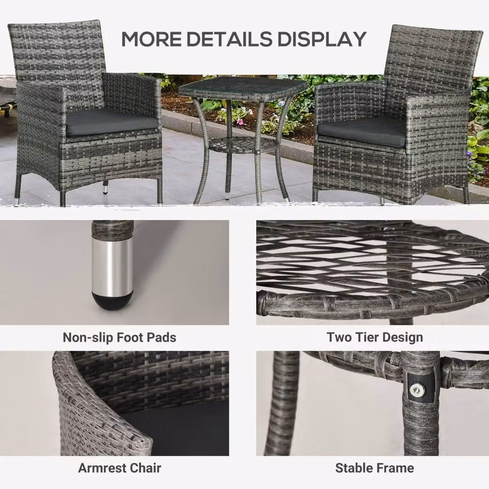 Wyld Haus Sami 3 Piece Rattan Bistro Set in Mixed Grey with 2 Chairs and 2 Tier Table – 5