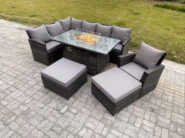 Fimous 9 Seater Rattan Garden Furniture Set with High Back Corner Sofa, Gas Fire Pit Dining Table and 2 Footstool Armchairs in Dark Grey