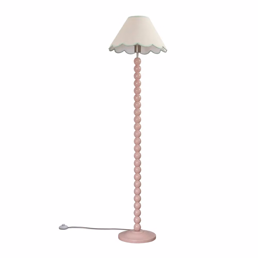 ValueLights Bobbins Rose Pink Floor Lamp with Tapered Linen Scallop Shade and LED Bulb in Pale Green, H 144 cm x W 39 cm x D 39 cm – 2