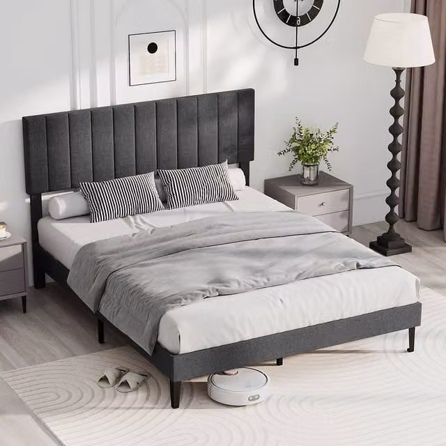 Costway King Size Upholstered Linen Fabric Platform Bed Frame with Headboard in Grey, W/D/H: 180 x 200 cm