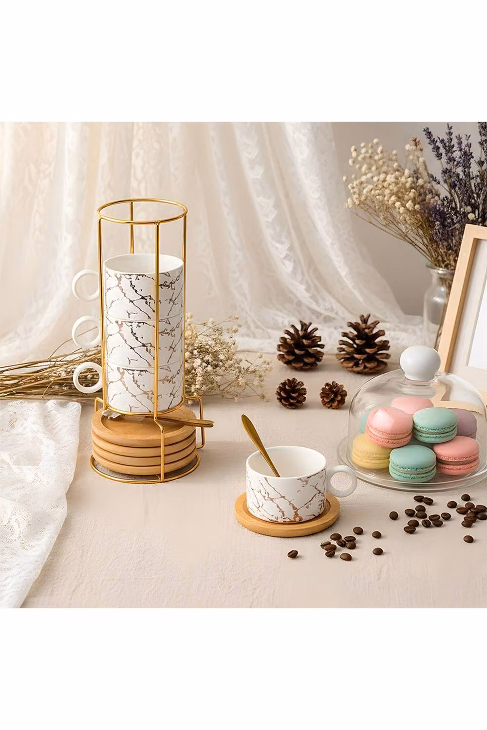 Living and Home 5 Piece Ceramic Coffee Cup and Saucer Set with Spoons and Metal Stand in White – 1