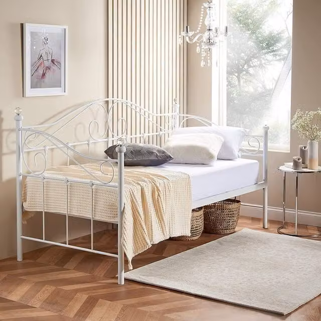 Home Treats White Crystal Metal Single Day Bed Frame, W/D/H: 90 x 200 x 110 cm